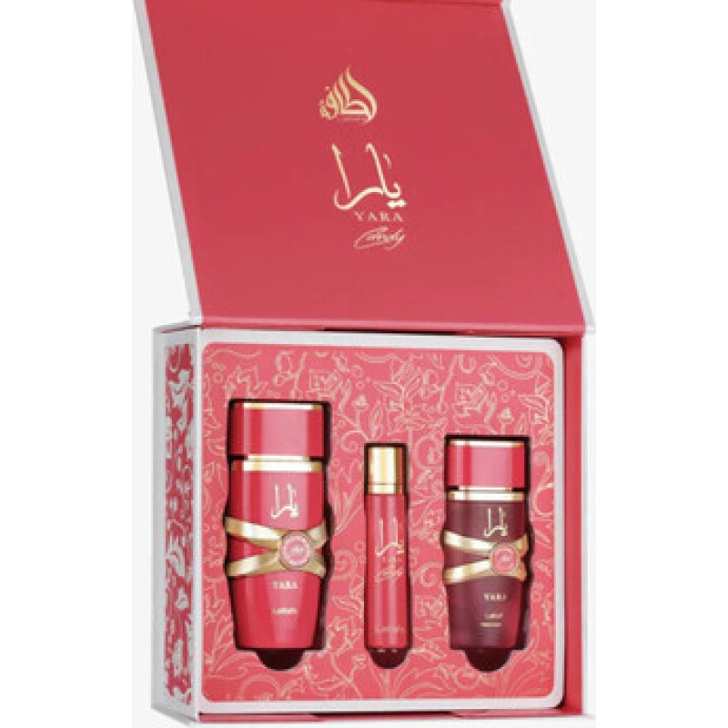 Lattafa Perfumes Yara Candy D&aacute;rkov&aacute; sada EDP 100 ml, miniaturka EDP 12 ml a vlasov&yacute; sprej 50 ml