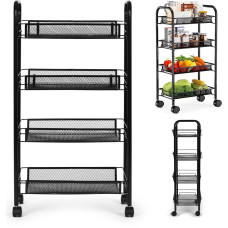 Modernhome Black Metal Mobile Bathroom Shelf with 4 Shelves and Wheels