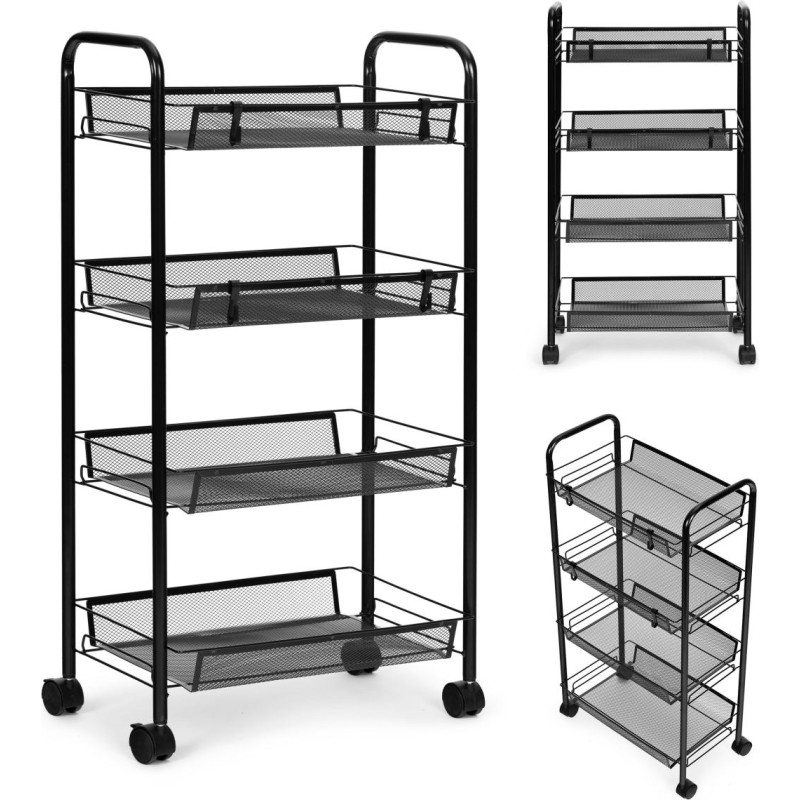 Modernhome Black metal shelf organizer helper for kitchen or bathroom, 4 shelves with wheels, ModernHome
