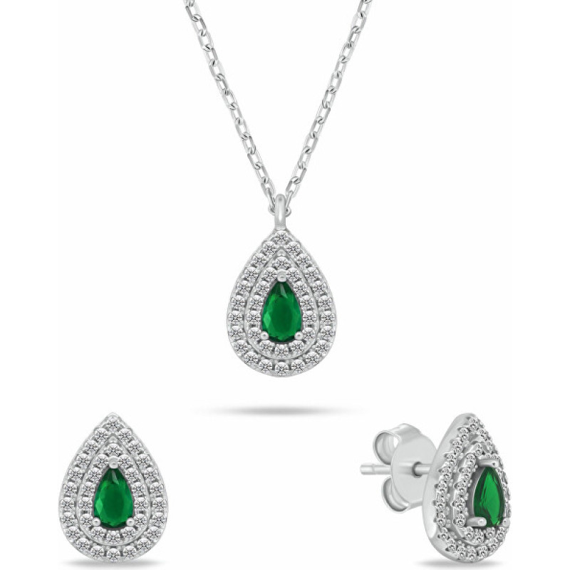 Jewelry set with green zircons Tear Drop SET284WG (necklace, earrings)