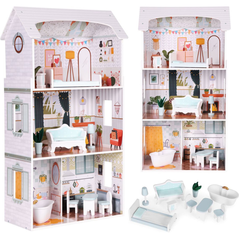 Ecotoys Alice Dollhouse &ndash; 3 Floors, 4 Rooms, Set with 9 Furniture Pieces ECOTOYS