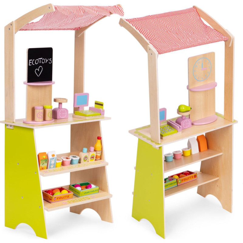 Ecotoys Large Wooden Market Stall for Children Shop with Terminal and Scale Fruits Vegetables 20 Pieces ECOTOYS