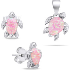 Silver jewelry set with pink opals Turtle SET235WP (pendant, earrings)
