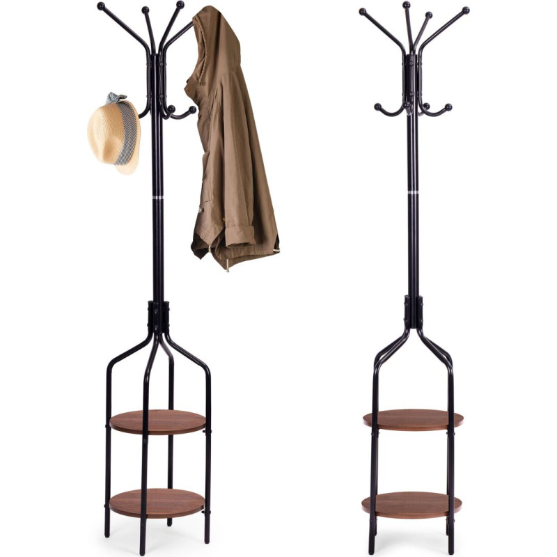 Modernhome Standing-coat-rack-with-shelves-8-hooks-180-cm-black-metal-ModernHome