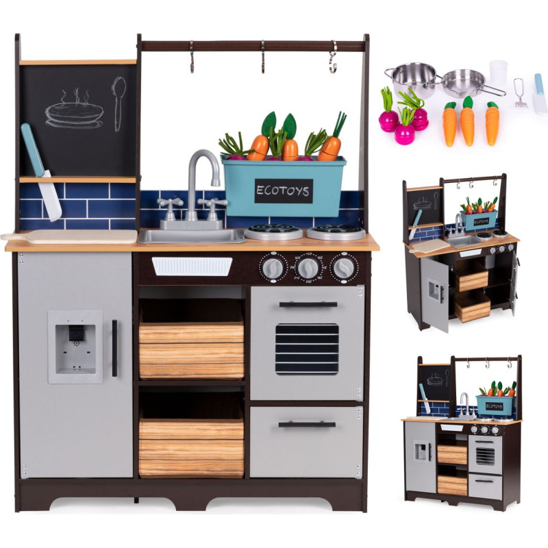 Ecotoys Large Wooden Play Kitchen for Children with Vegetable Stand and Accessories ECOTOYS