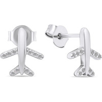 Modern silver earrings with clear zircons Airplanes EA594W
