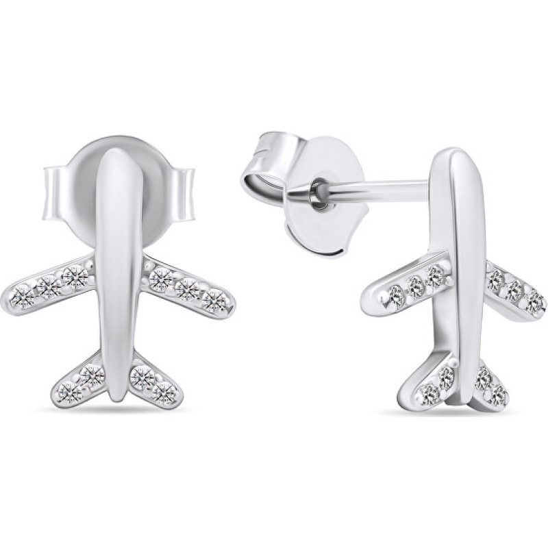 Modern silver earrings with clear zircons Airplanes EA594W