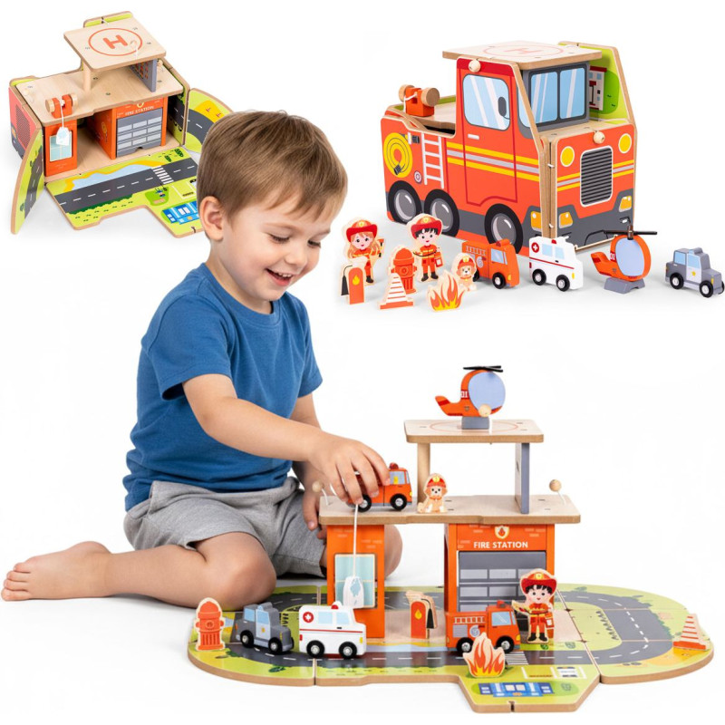 Ecotoys Wooden Fire Station Garage Set 2-in-1 &ndash; Station and Truck 2 Floors Figures Vehicles ECOTOYS