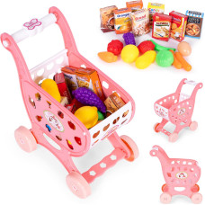 Pink children's shopping cart for supermarket or kitchen play + 18 accessories