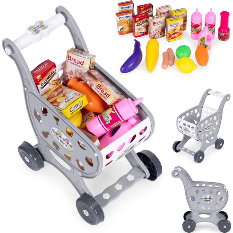 Gray children's shopping cart for supermarket or kitchen play + 18 accessories