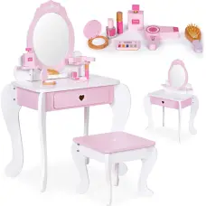Ecotoys Large Toy Vanity for Kids with Mirror, Stool, and 7 Accessories ECOTOYS
