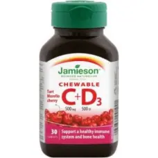 Jamieson C vitamīns un D3 vitamīns košļājamās tabletes - 30 tabletes - Ražots Kanādā